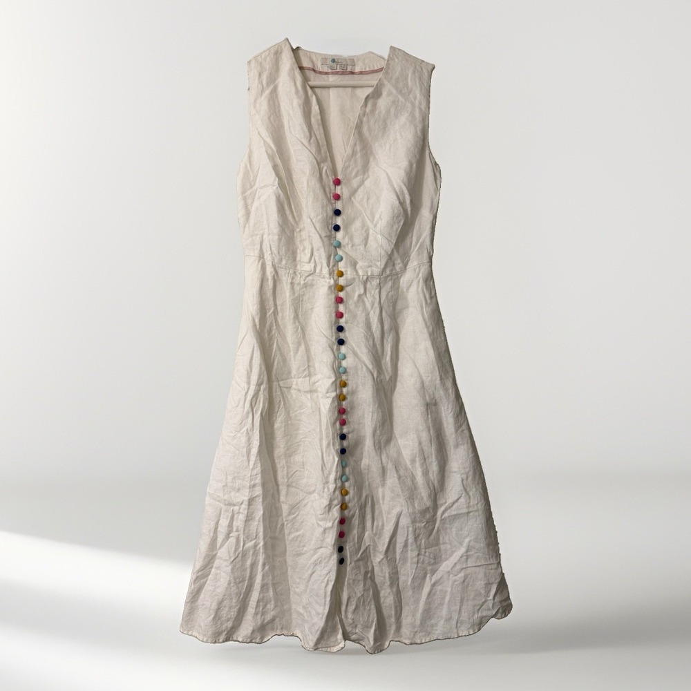Boden Cecilia 100% Linen White Midi Dress Rainbow Buttons Pockets Quiet Luxury 6